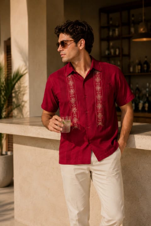 Guayabera en tono vino o terracota formal