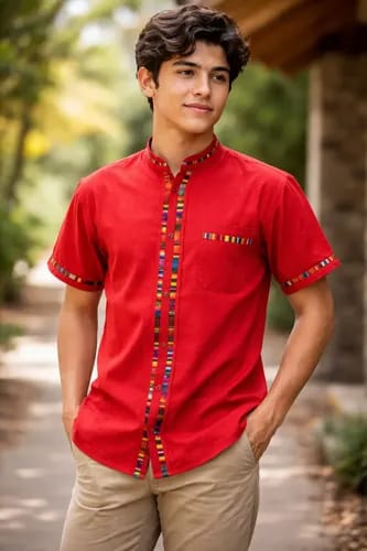 Guayabera roja con detalle étnico artesanal