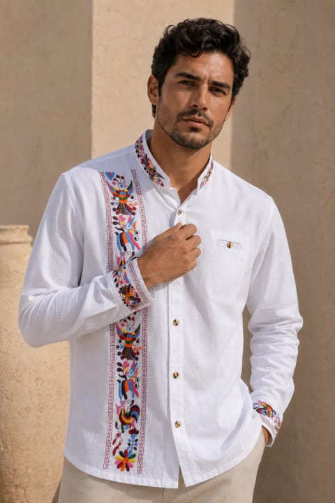 Guayabera con bordados mexicanos artesanales