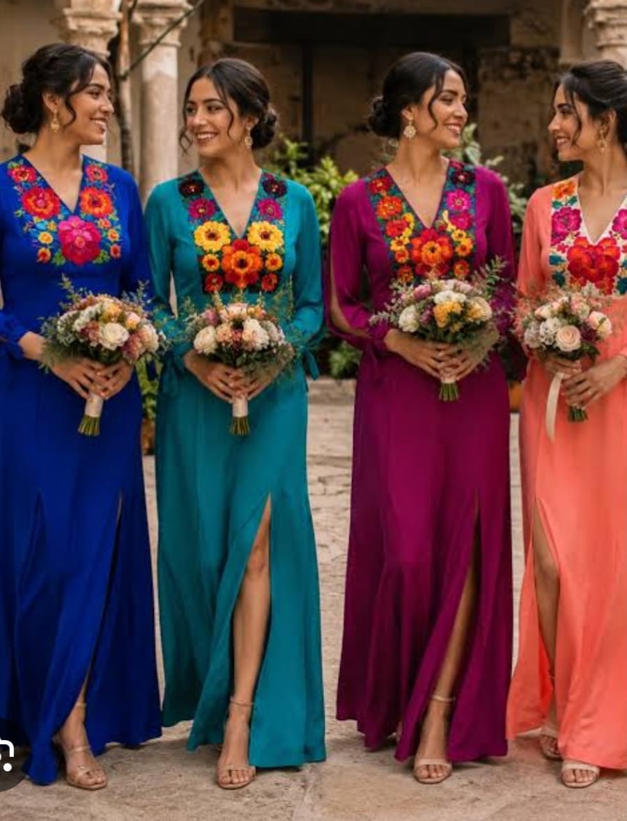 Vestidos en tonos joya con bordados